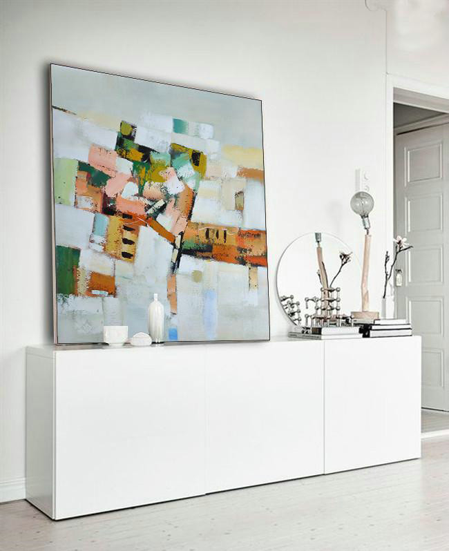 Oversized Contemporary Art,Big Art Canvas,Grey,Orange,Green,Yellow - Click Image to Close
